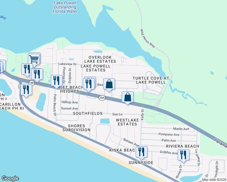 map of restaurants, bars, coffee shops, grocery stores, and more near 500-540 Gainous Road in Panama City Beach