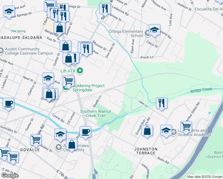 map of restaurants, bars, coffee shops, grocery stores, and more near 1100 Brookswood Avenue in Austin