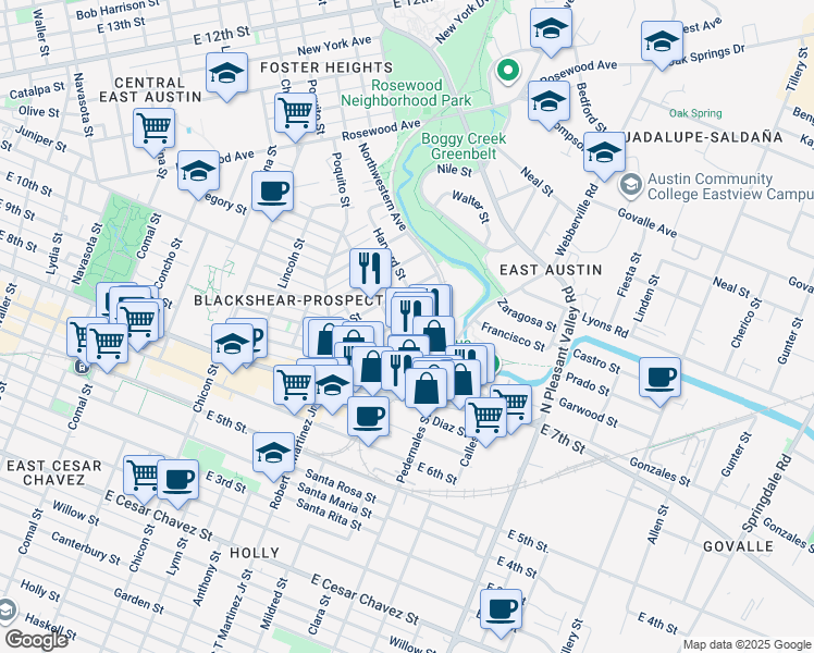 map of restaurants, bars, coffee shops, grocery stores, and more near 2416 East 8th Street in Austin