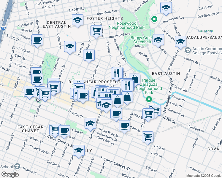 map of restaurants, bars, coffee shops, grocery stores, and more near 905 Prospect Avenue in Austin