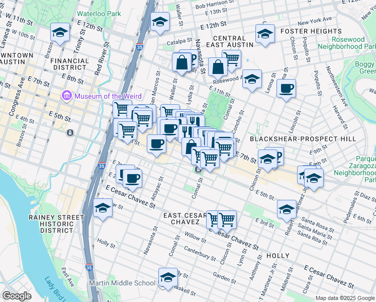 map of restaurants, bars, coffee shops, grocery stores, and more near 1405 East 7th Street in Austin