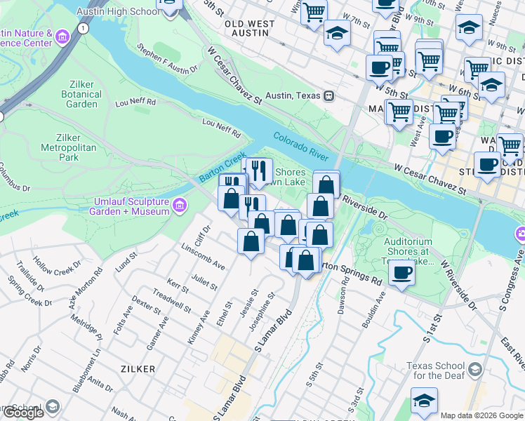 map of restaurants, bars, coffee shops, grocery stores, and more near 1617 Toomey Road in Austin