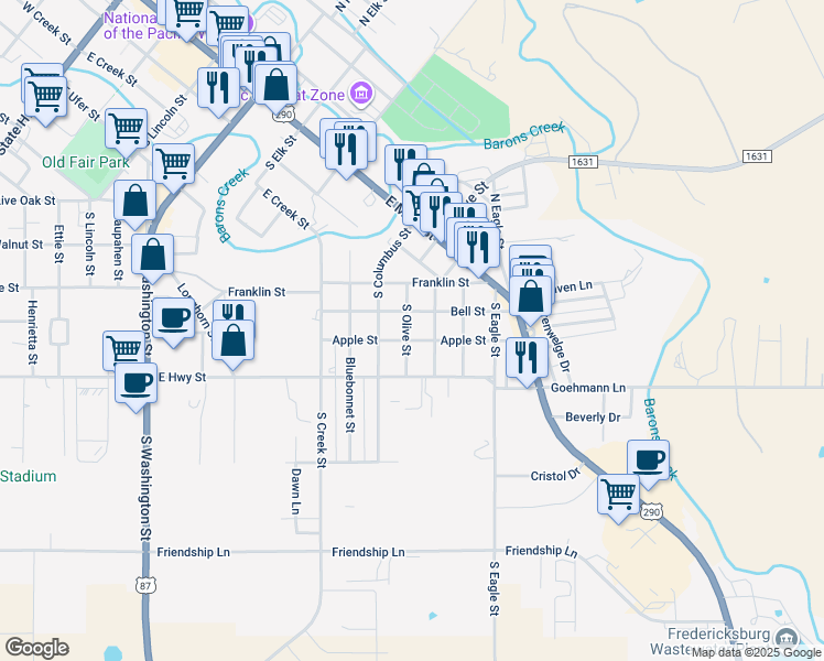 map of restaurants, bars, coffee shops, grocery stores, and more near 705 Bell Street in Fredericksburg