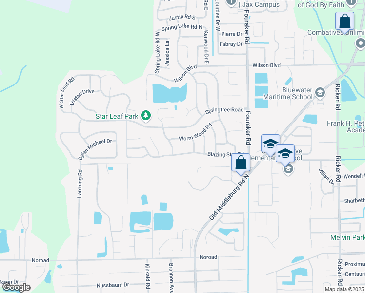 map of restaurants, bars, coffee shops, grocery stores, and more near 3930 Wormwood Circle in Jacksonville