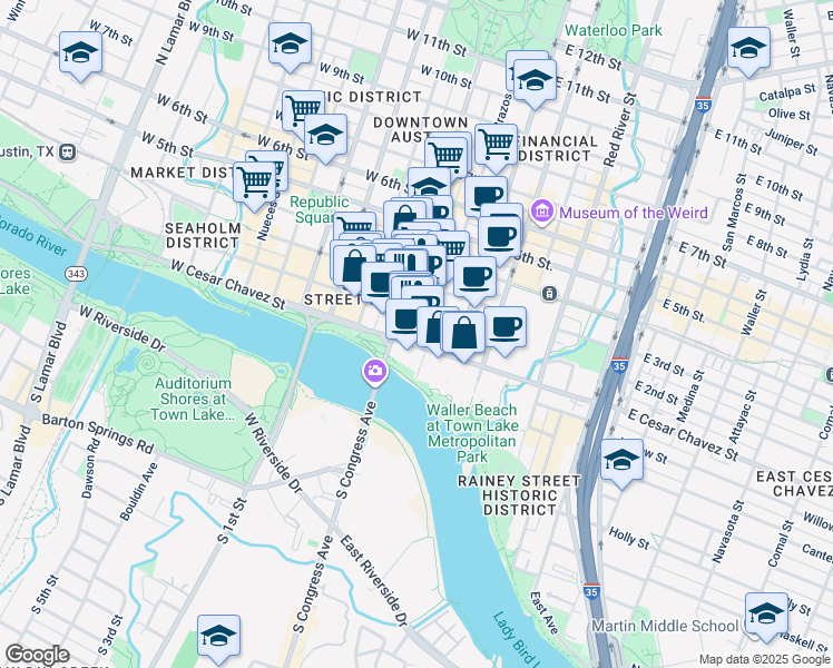 map of restaurants, bars, coffee shops, grocery stores, and more near 111 Congress Avenue in Austin