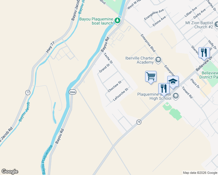map of restaurants, bars, coffee shops, grocery stores, and more near 60235 Grosse Tete Street in Plaquemine