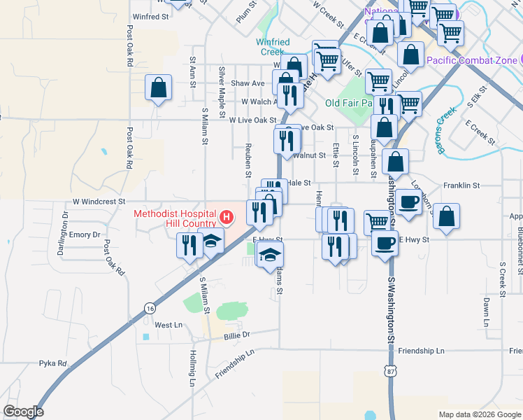map of restaurants, bars, coffee shops, grocery stores, and more near 110-198 West Windcrest Street in Fredericksburg