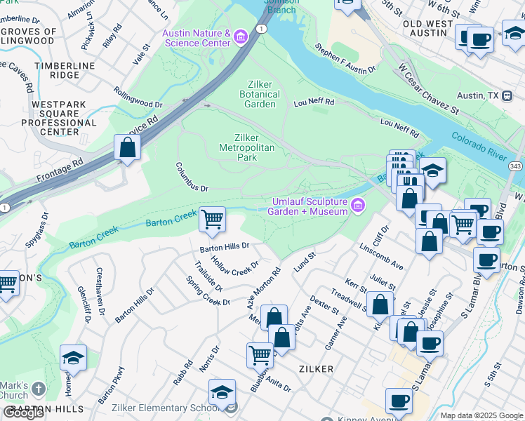 map of restaurants, bars, coffee shops, grocery stores, and more near Barton Springs Road in Austin