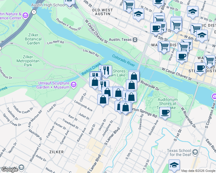 map of restaurants, bars, coffee shops, grocery stores, and more near 1617 Toomey Road in Austin