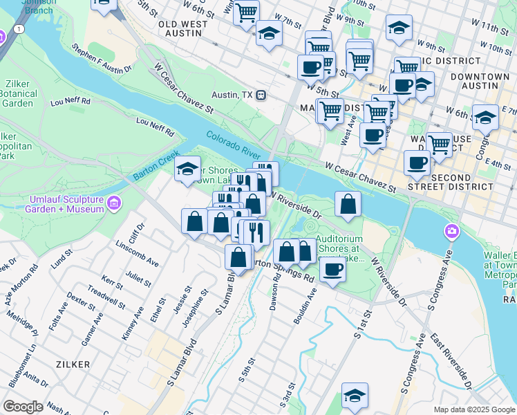 map of restaurants, bars, coffee shops, grocery stores, and more near 215 South Lamar Boulevard in Austin