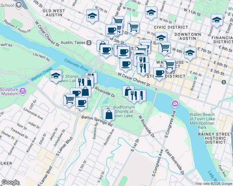 map of restaurants, bars, coffee shops, grocery stores, and more near in Austin