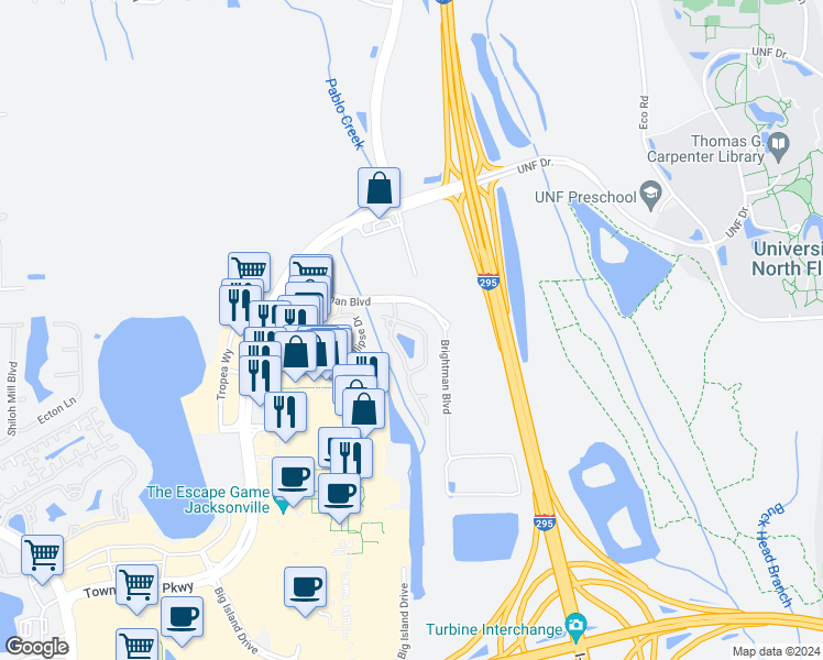 map of restaurants, bars, coffee shops, grocery stores, and more near 4440 Capital Dome Drive in Jacksonville