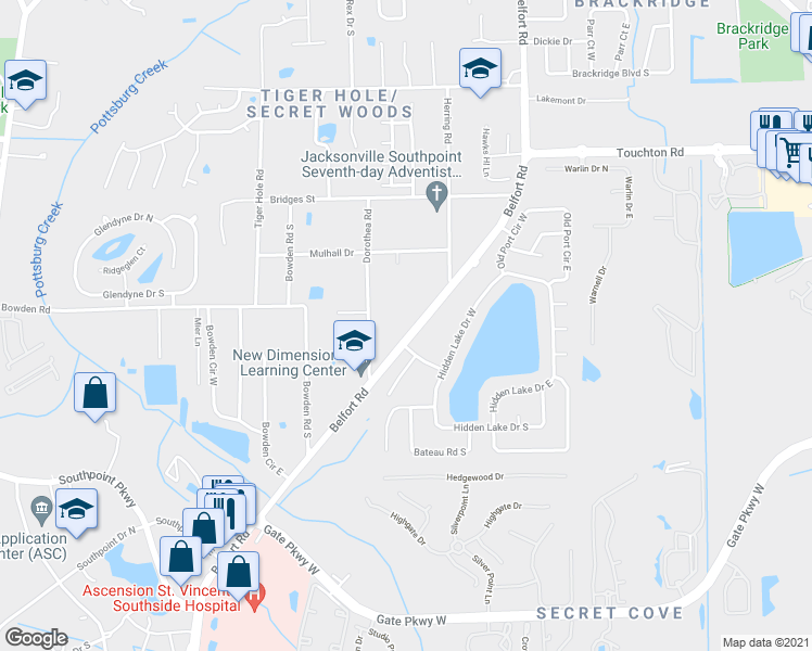 map of restaurants, bars, coffee shops, grocery stores, and more near 3474 Belfort Road in Jacksonville