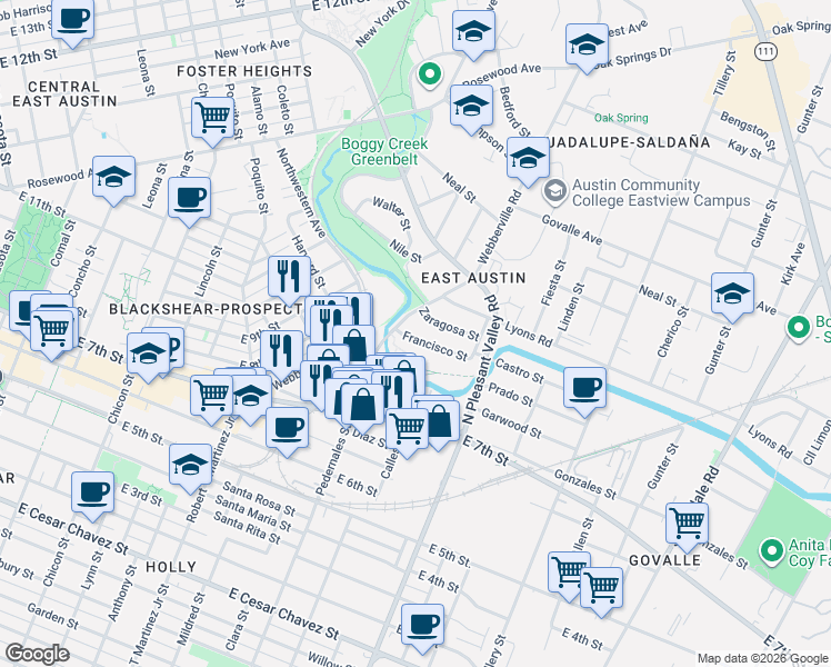 map of restaurants, bars, coffee shops, grocery stores, and more near 2602 Francisco Street in Austin