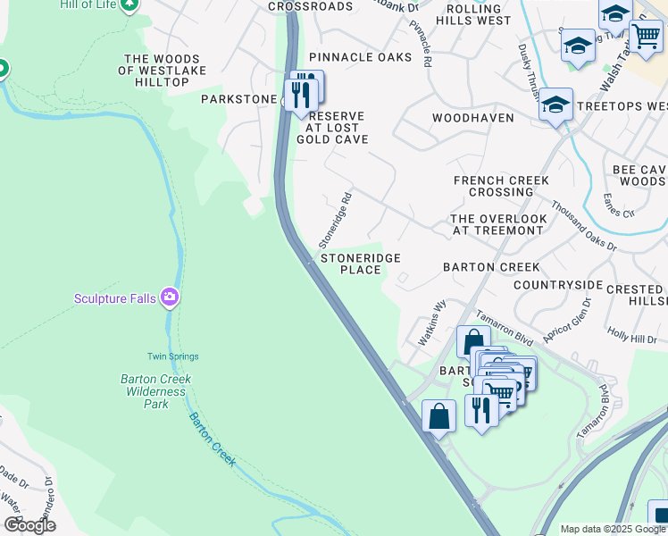 map of restaurants, bars, coffee shops, grocery stores, and more near 2451 South Capital of Texas Highway in Austin