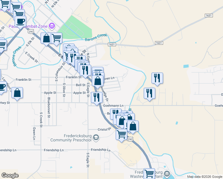 map of restaurants, bars, coffee shops, grocery stores, and more near 212 Forest Trail Drive in Fredericksburg