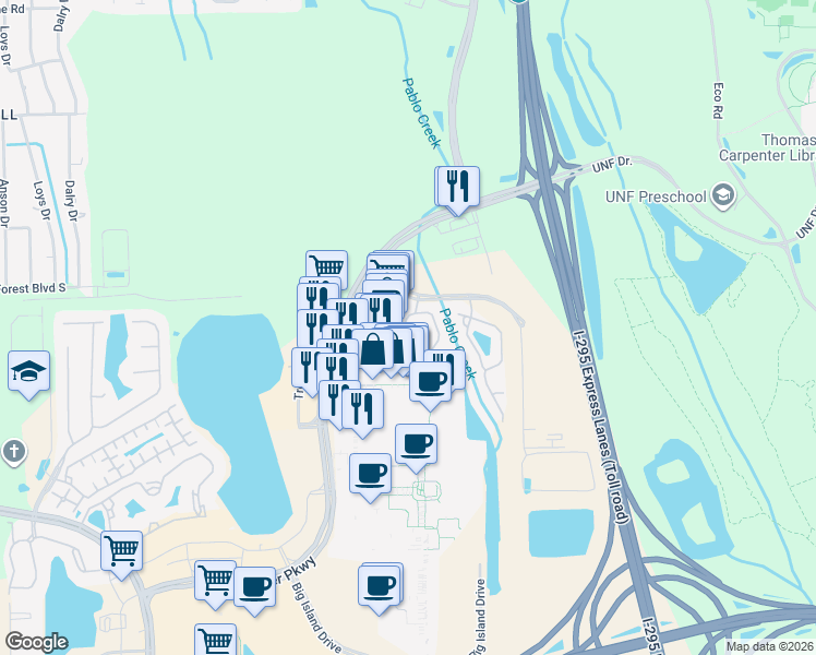 map of restaurants, bars, coffee shops, grocery stores, and more near 4413 Town Center Parkway in Jacksonville