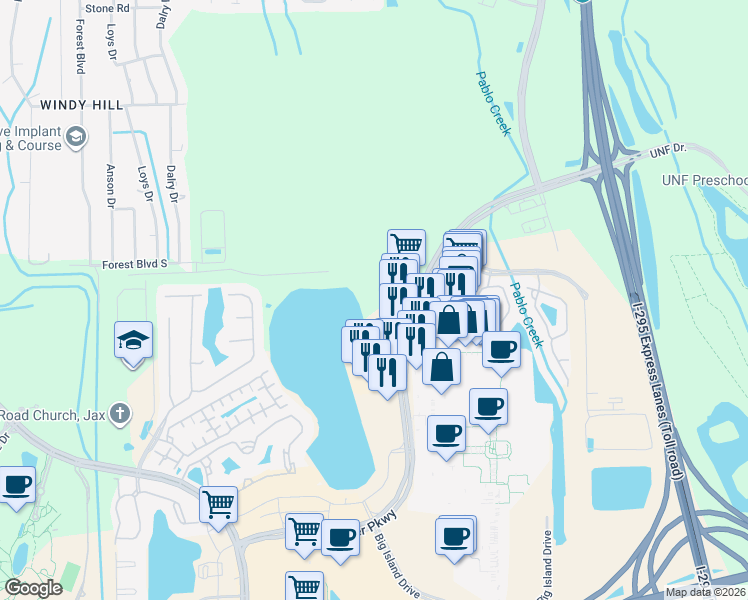 map of restaurants, bars, coffee shops, grocery stores, and more near 4522 North Gate Parkway in Jacksonville