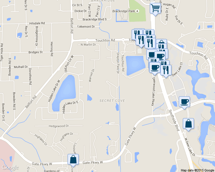 map of restaurants, bars, coffee shops, grocery stores, and more near 8443 Thornbush Court in Jacksonville