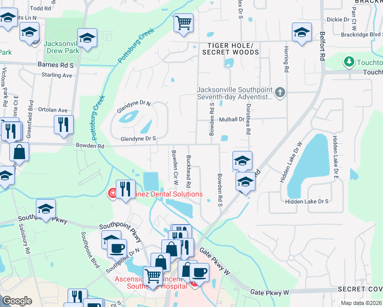 map of restaurants, bars, coffee shops, grocery stores, and more near 7486 Bowden Road in Jacksonville
