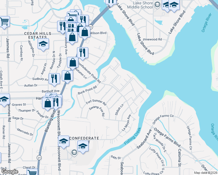 map of restaurants, bars, coffee shops, grocery stores, and more near 4301 Confederate Point Road in Jacksonville