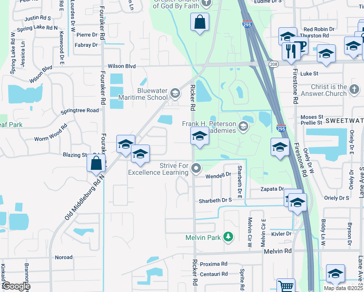map of restaurants, bars, coffee shops, grocery stores, and more near 3948 Ricker Road in Jacksonville