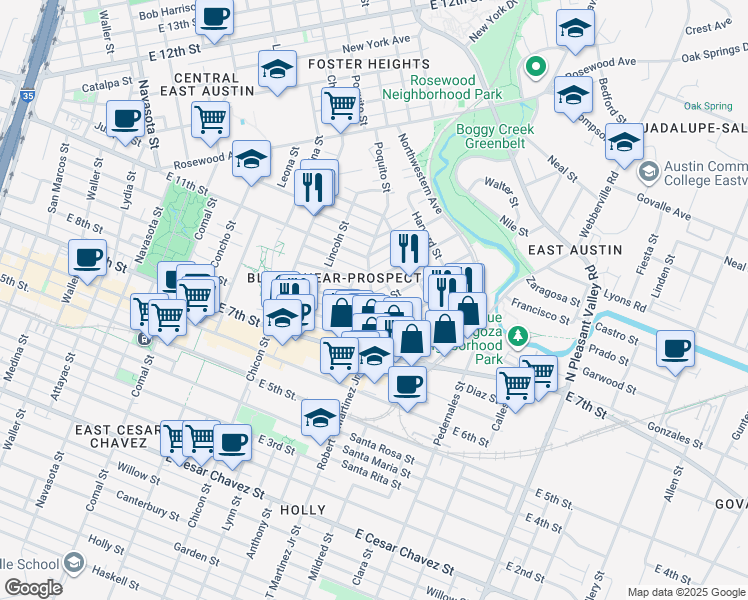map of restaurants, bars, coffee shops, grocery stores, and more near 905 Prospect Avenue in Austin