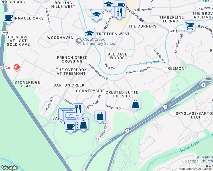 map of restaurants, bars, coffee shops, grocery stores, and more near 1802 Apricot Glen Drive in Austin
