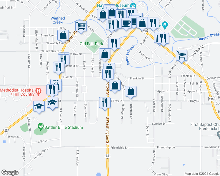 map of restaurants, bars, coffee shops, grocery stores, and more near 611 South Washington Street in Fredericksburg