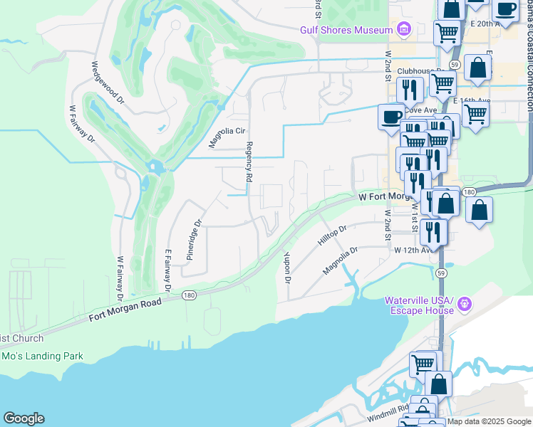 map of restaurants, bars, coffee shops, grocery stores, and more near 1430 Regency Road in Gulf Shores