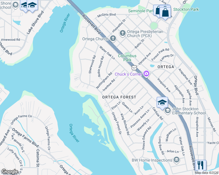 map of restaurants, bars, coffee shops, grocery stores, and more near 4682 Ivanhoe Road in Jacksonville