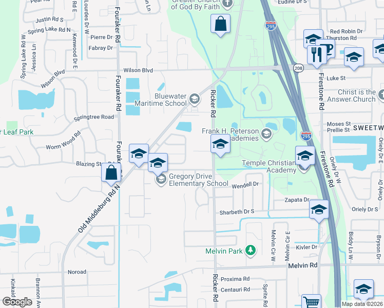 map of restaurants, bars, coffee shops, grocery stores, and more near 3931 Hunters Lake Circle East in Jacksonville