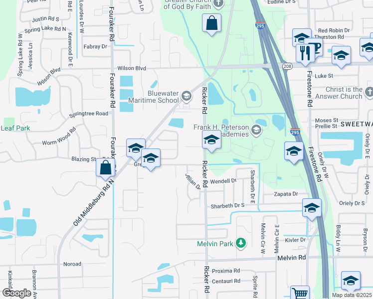 map of restaurants, bars, coffee shops, grocery stores, and more near 3931 Hunters Lake Circle East in Jacksonville