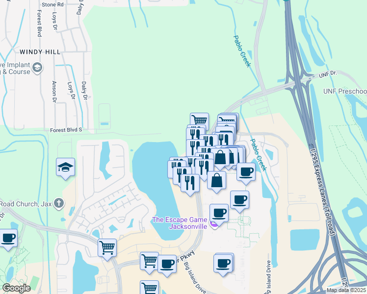 map of restaurants, bars, coffee shops, grocery stores, and more near 4522 North Gate Parkway in Jacksonville