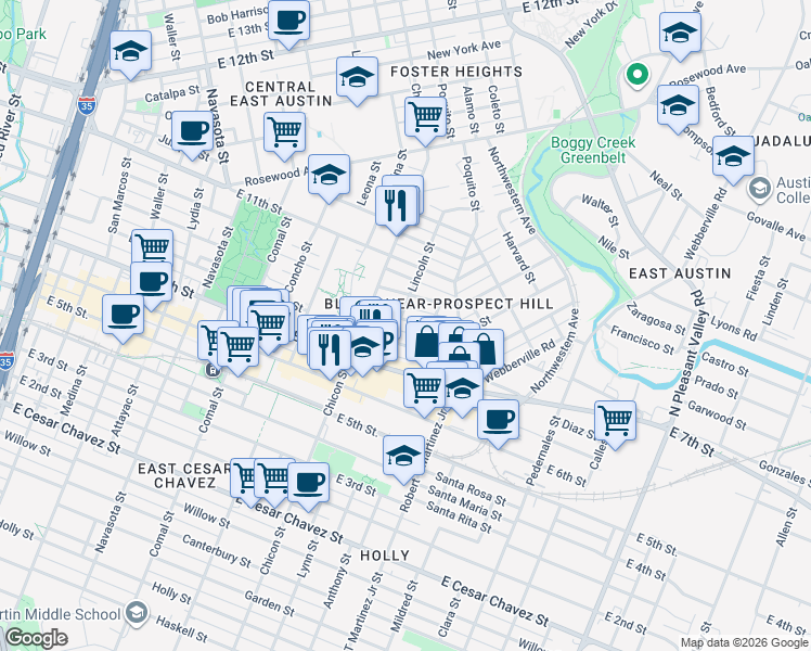 map of restaurants, bars, coffee shops, grocery stores, and more near 1910 East 9th Street in Austin