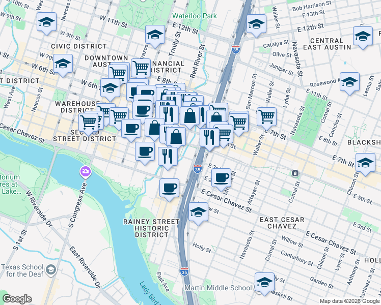 map of restaurants, bars, coffee shops, grocery stores, and more near 710 East 3rd Street in Austin