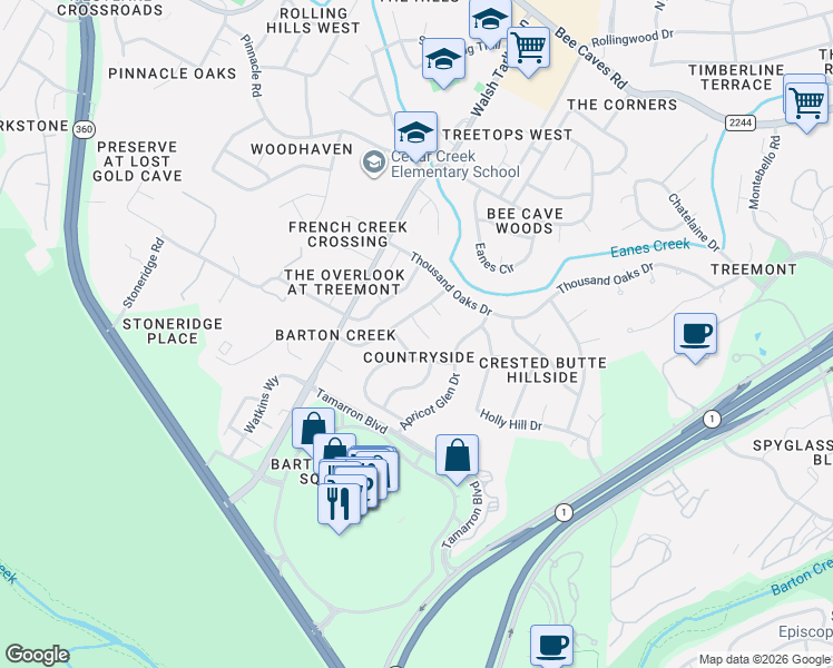 map of restaurants, bars, coffee shops, grocery stores, and more near 3107 Mistyglen Circle in Austin
