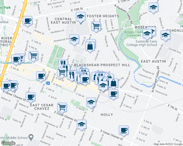 map of restaurants, bars, coffee shops, grocery stores, and more near 1910 East 9th Street in Austin