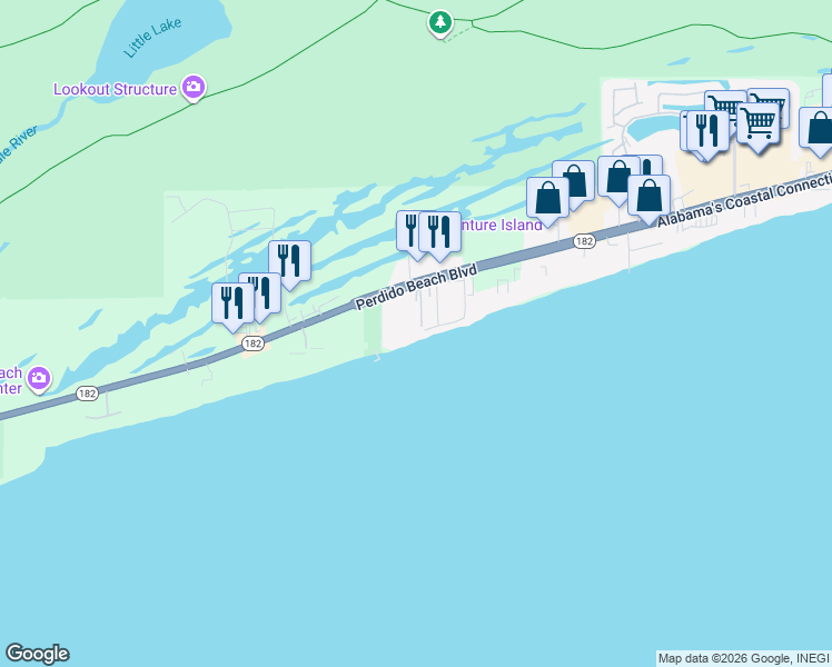 map of restaurants, bars, coffee shops, grocery stores, and more near 24522 Perdido Beach Boulevard in Orange Beach