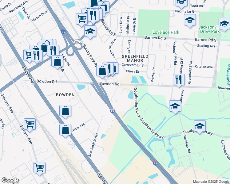 map of restaurants, bars, coffee shops, grocery stores, and more near Pepsi Place in Jacksonville