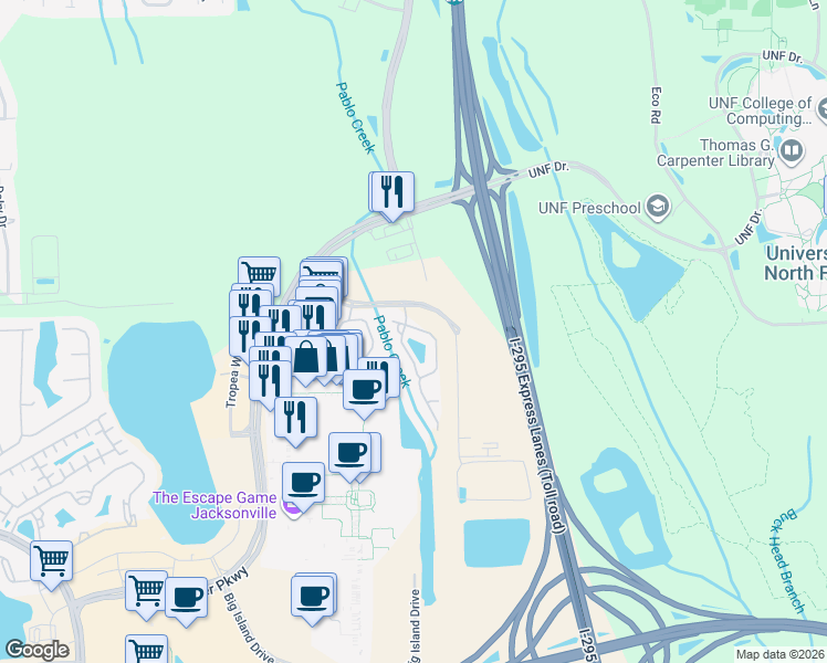 map of restaurants, bars, coffee shops, grocery stores, and more near 4416 Capital Dome Drive in Jacksonville