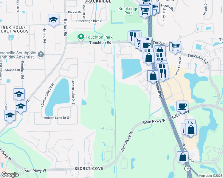 map of restaurants, bars, coffee shops, grocery stores, and more near 3495 Lone Tree Lane in Jacksonville