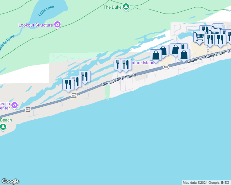 map of restaurants, bars, coffee shops, grocery stores, and more near 24522 Perdido Beach Boulevard in Orange Beach