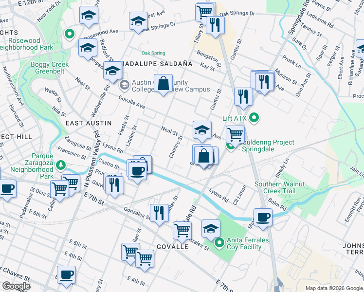 map of restaurants, bars, coffee shops, grocery stores, and more near 1103 Cherico Street in Austin