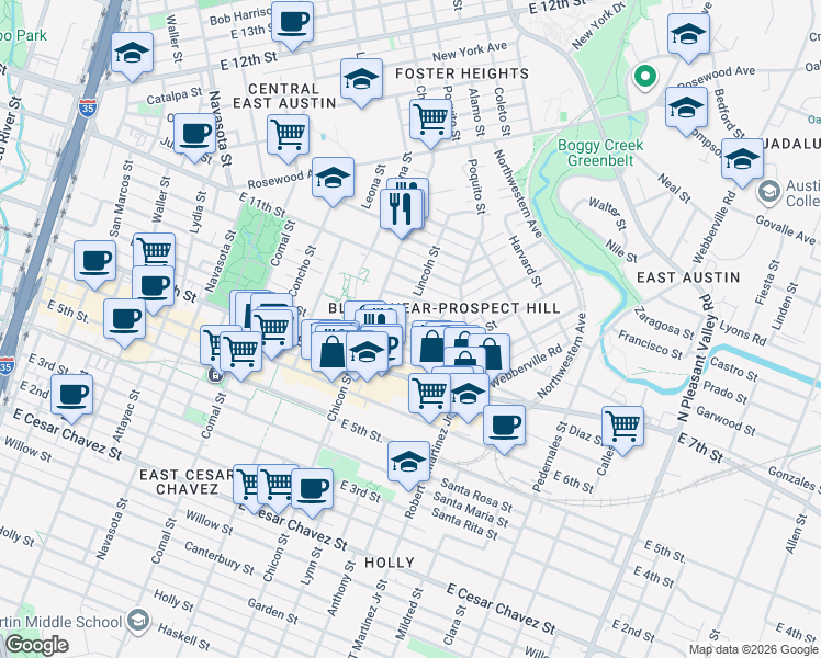 map of restaurants, bars, coffee shops, grocery stores, and more near 1910 East 9th Street in Austin