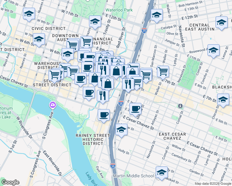 map of restaurants, bars, coffee shops, grocery stores, and more near 710 East 3rd Street in Austin