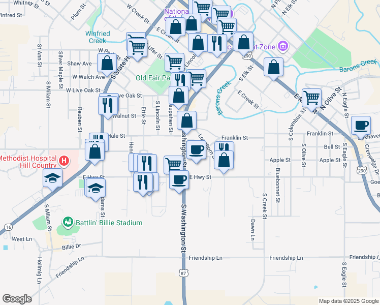 map of restaurants, bars, coffee shops, grocery stores, and more near 611 South Washington Street in Fredericksburg