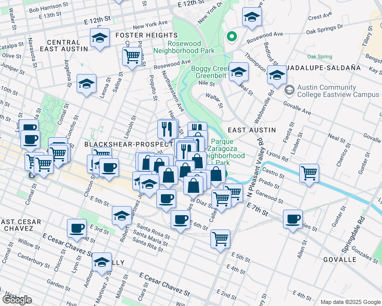 map of restaurants, bars, coffee shops, grocery stores, and more near 2415 East 8th Street in Austin