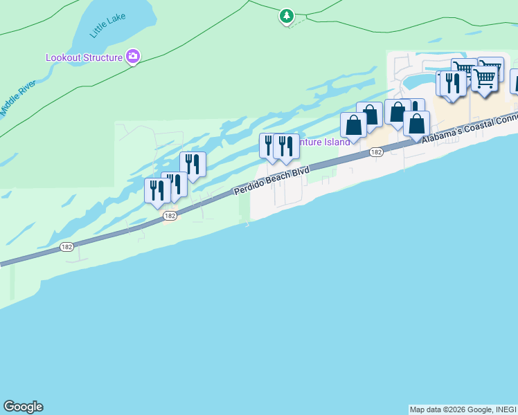 map of restaurants, bars, coffee shops, grocery stores, and more near 24522 Perdido Beach Boulevard in Orange Beach