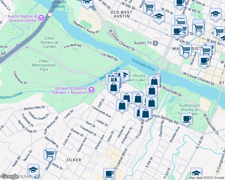 map of restaurants, bars, coffee shops, grocery stores, and more near 1728 Barton Springs Road in Austin